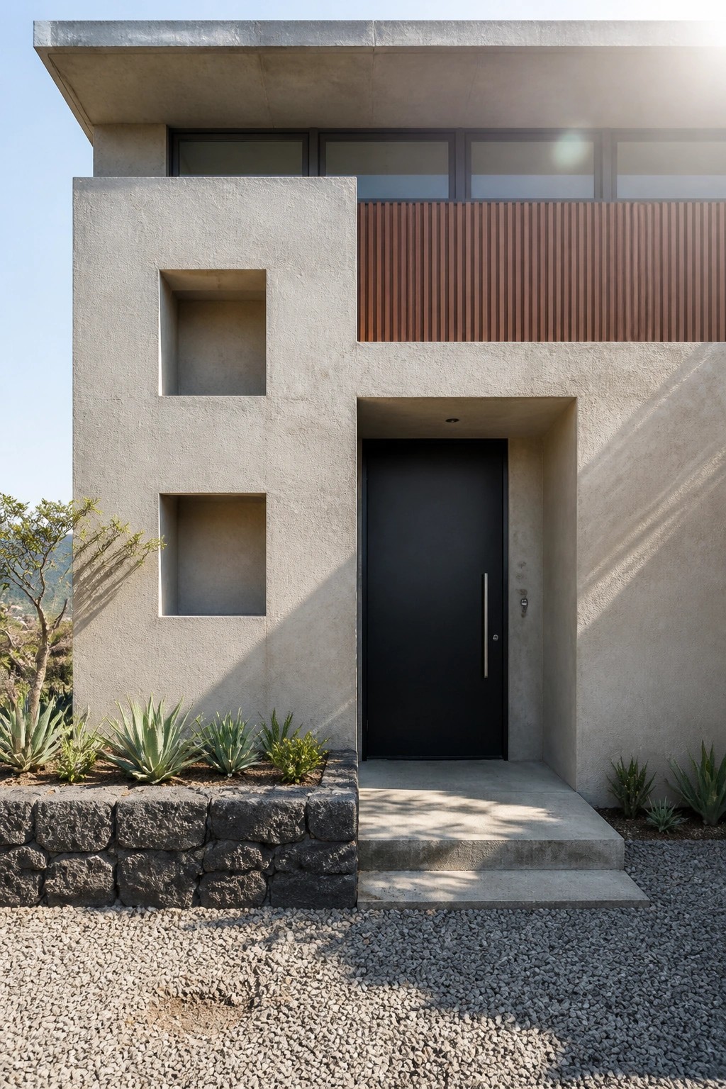 Modern concrete house exterior with a black front door recessed into the facade, two square recessed niches on the left wall, and a horizontal wood screen above the entry.