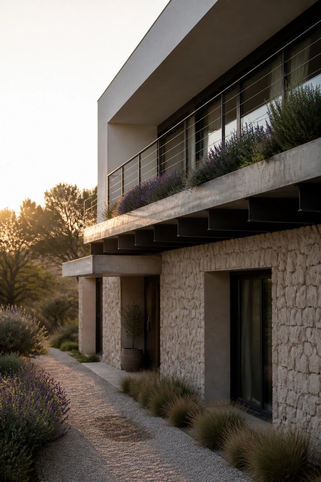 Modern house exterior with layered concrete overhangs, stone walls, and large windows set against a gravel path and lavender plantings.