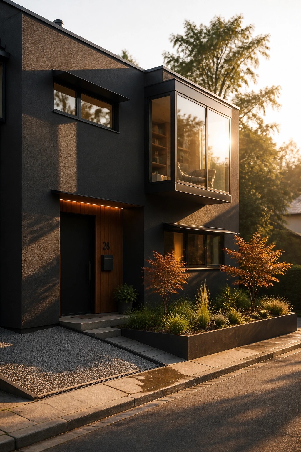 Modern two-story dark house with a projecting upper window box, recessed entry with wood door, and front landscaping along the sidewalk.