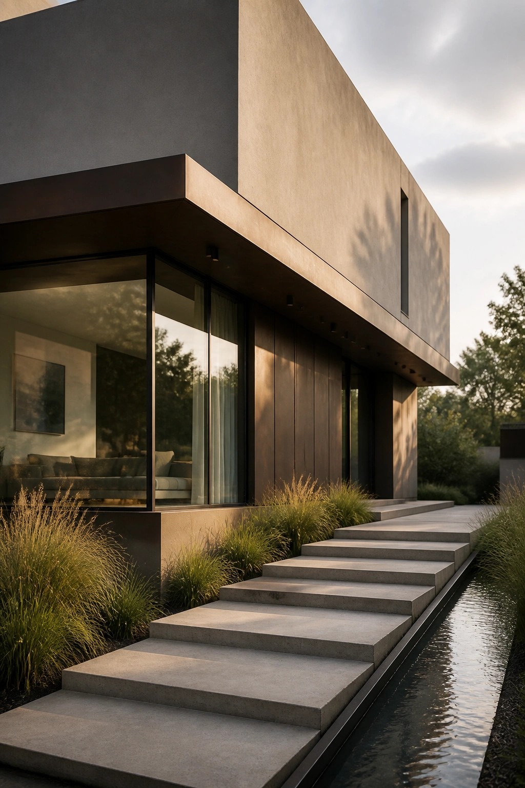 Modern house exterior with cantilevered upper volume, large glass windows, concrete stairs, and a narrow water channel running alongside.