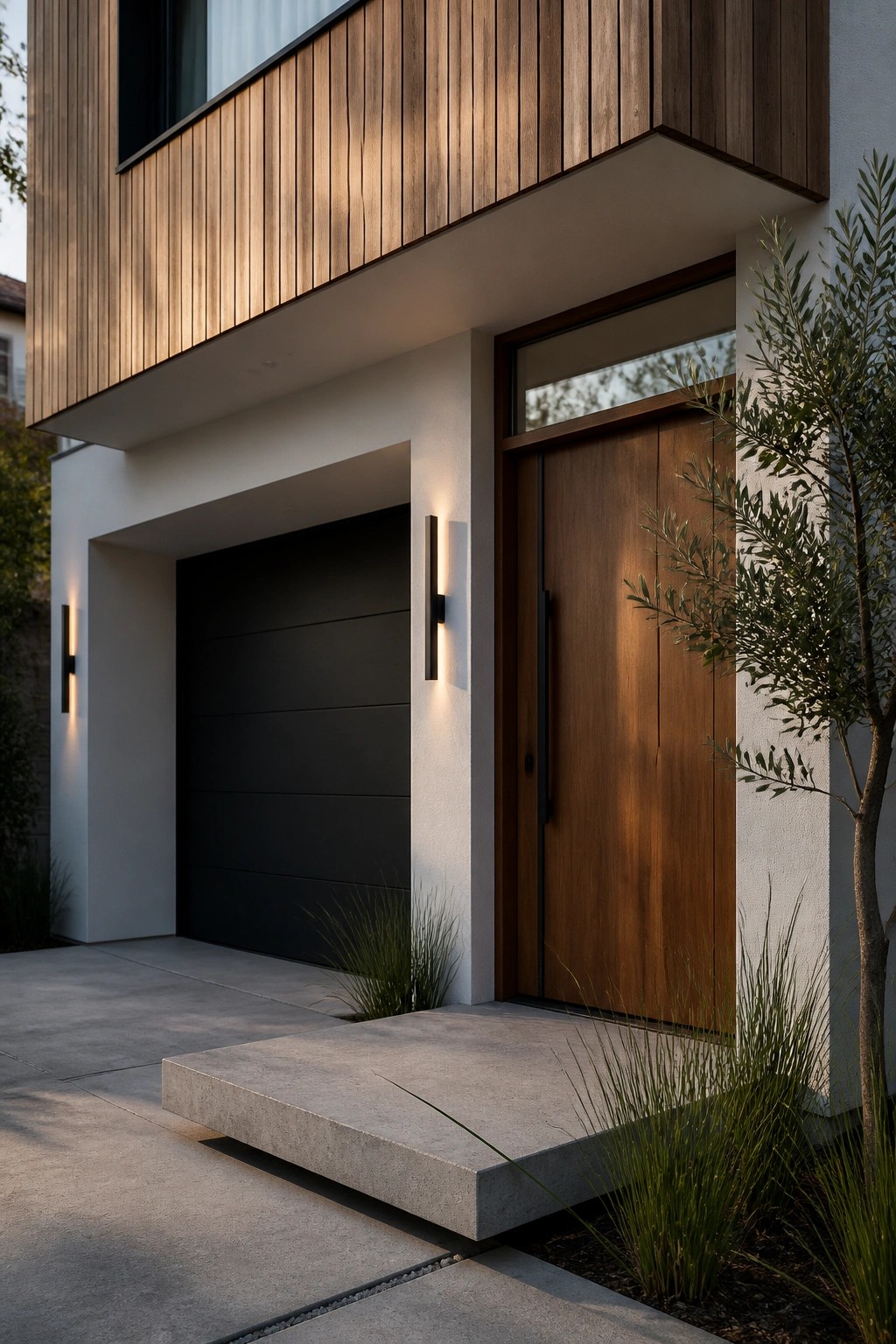 Modern house entrance with a dark horizontal garage door on the left, a tall wooden front door with transom window on the right, vertical wood cladding on the upper level, and a floating concrete step at the entry.