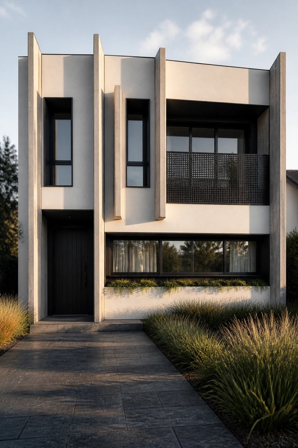 A modern two-story house facade with light concrete walls, multiple protruding vertical forms, recessed windows, and a dark perforated balcony screen.
