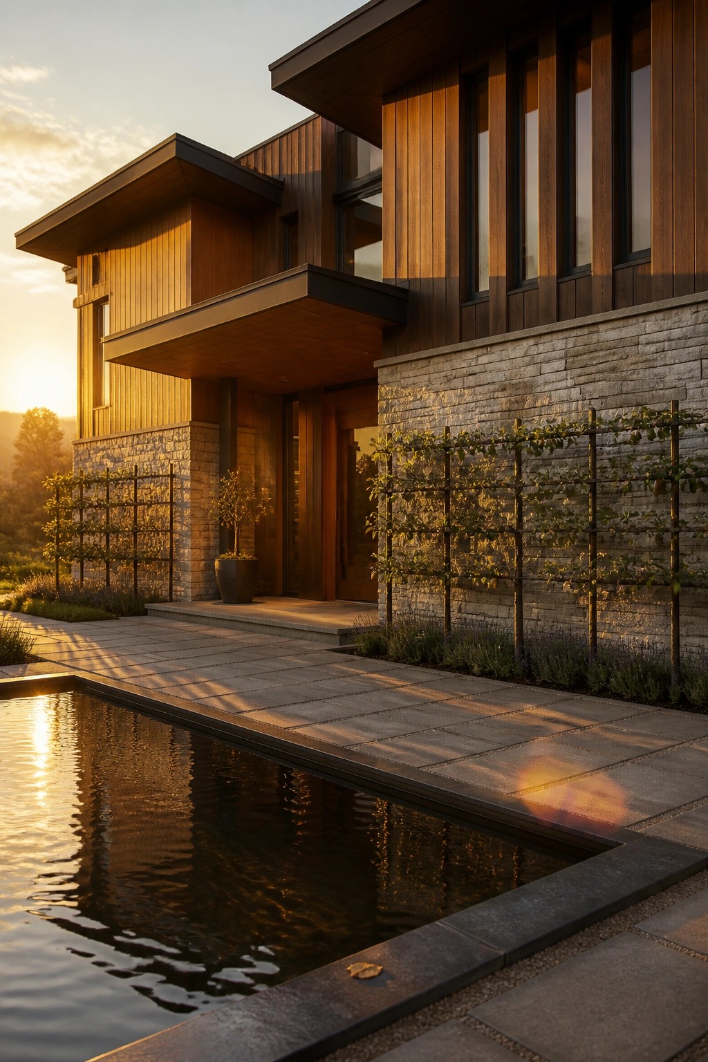 A modern house exterior with wood siding, stone base, deep roof overhangs, vertical window groupings, and a long reflecting pool along the paved entry at sunset.