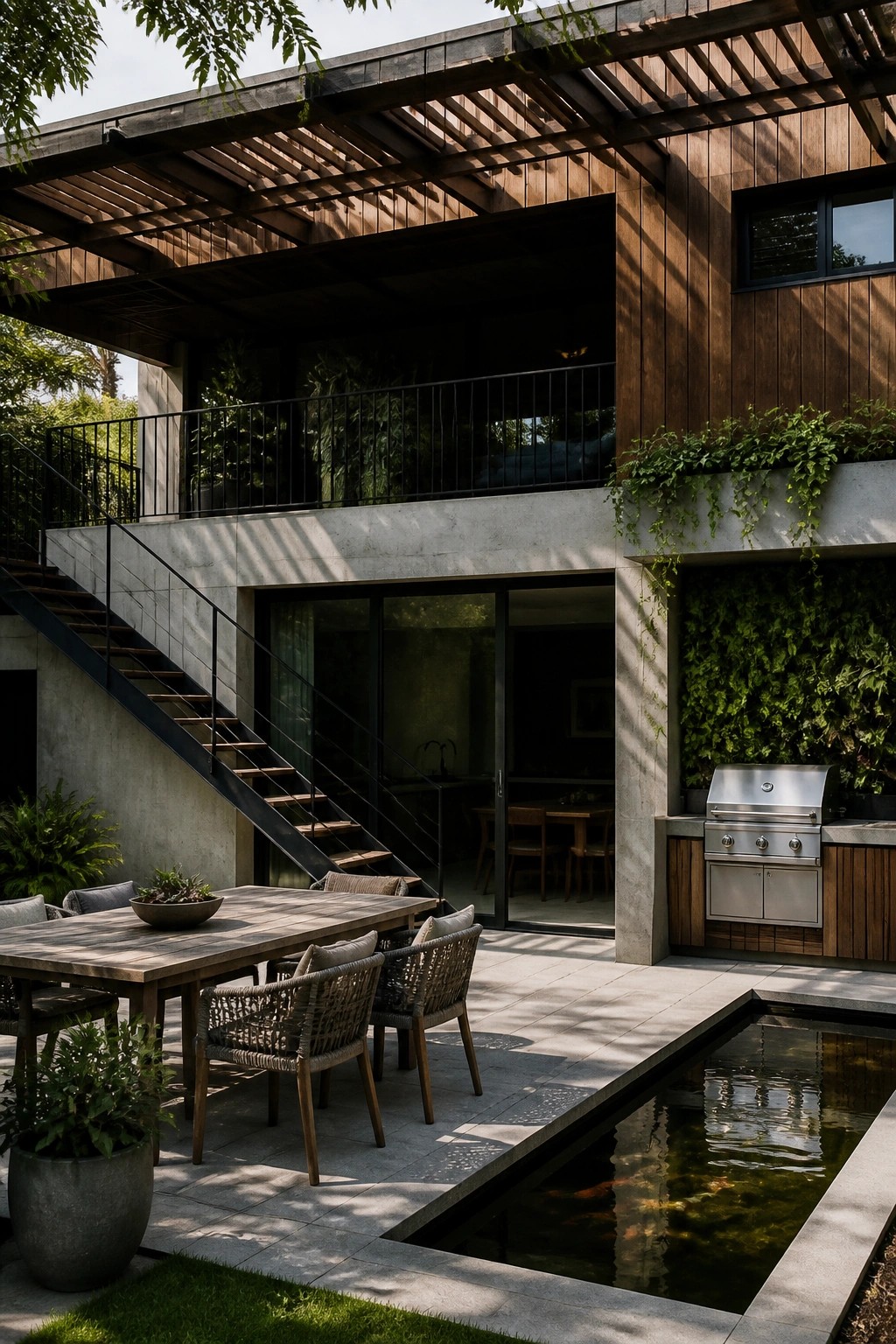 A modern two-story house exterior with wood cladding, concrete elements, a black metal staircase, an outdoor dining set under a wooden pergola structure, and a long rectangular pool.
