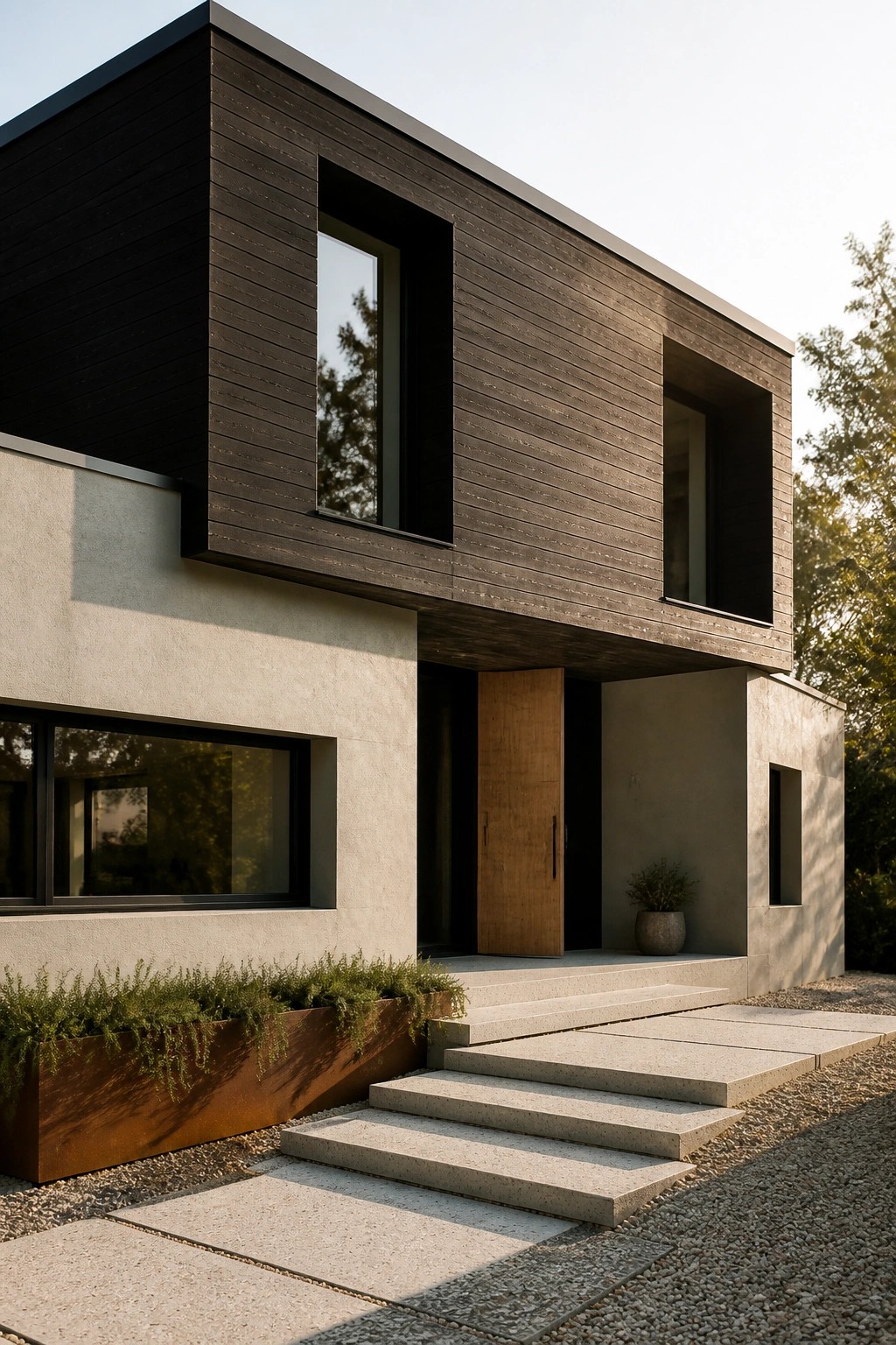 Modern two-story house with dark wood upper level cantilevered over a concrete lower level, recessed windows, and concrete steps leading to a wooden entry door.