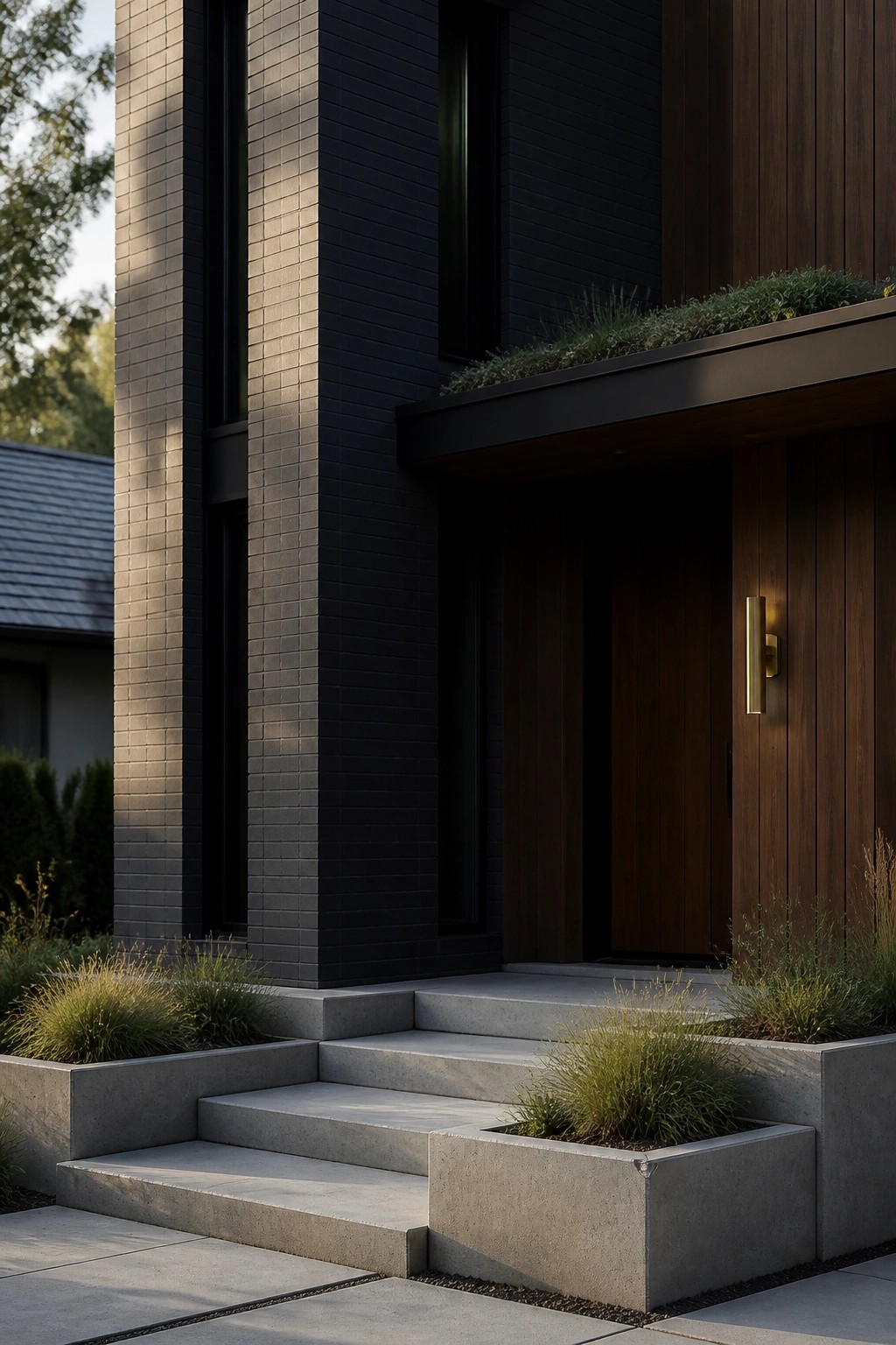 Modern house entrance featuring dark brick columns, horizontal wood siding, concrete steps with integrated planters, and a wooden door with a vertical wall sconce.
