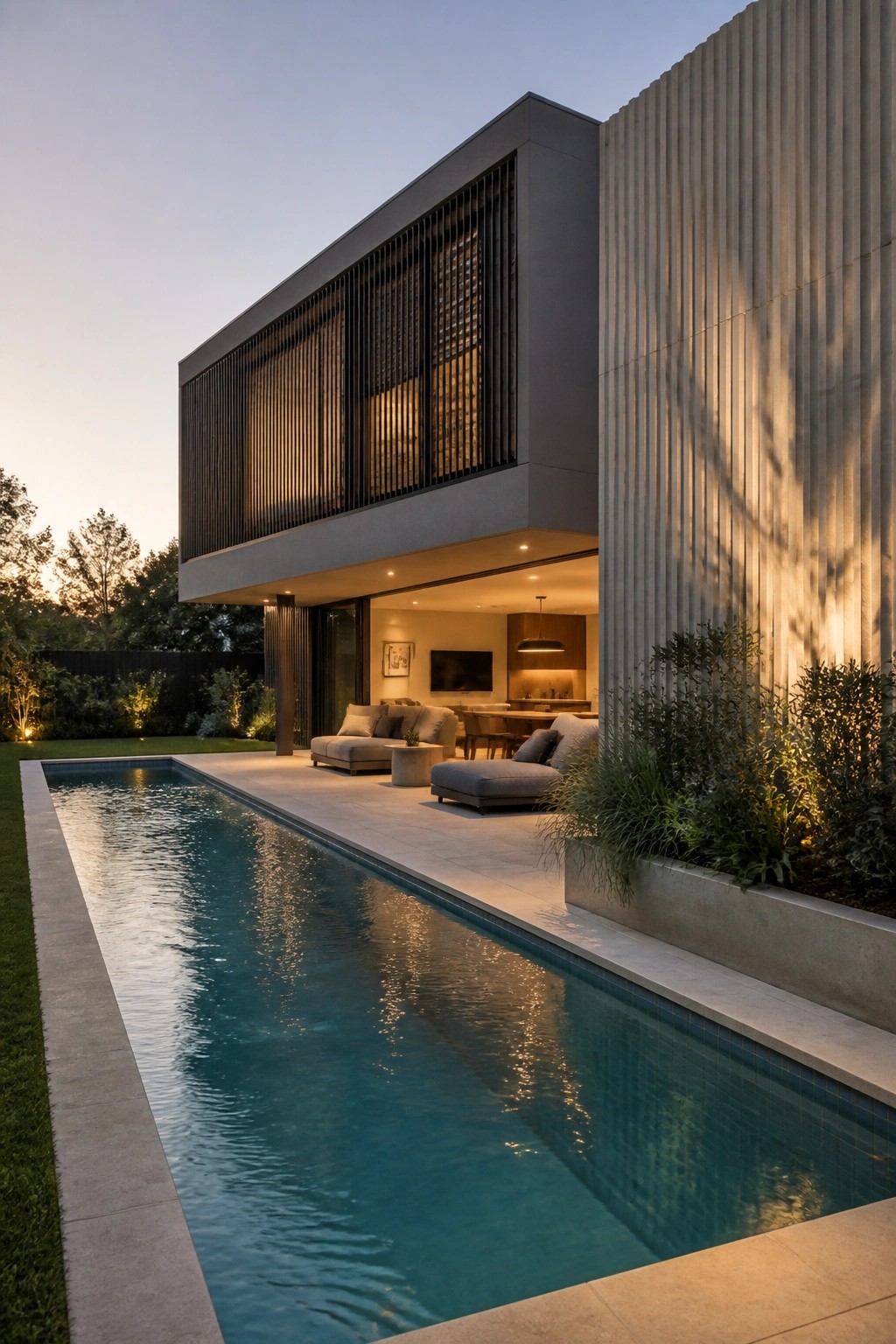 A modern two-story concrete house with vertical black slats on the upper facade, a large overhang, and an open lower level next to a rectangular swimming pool.