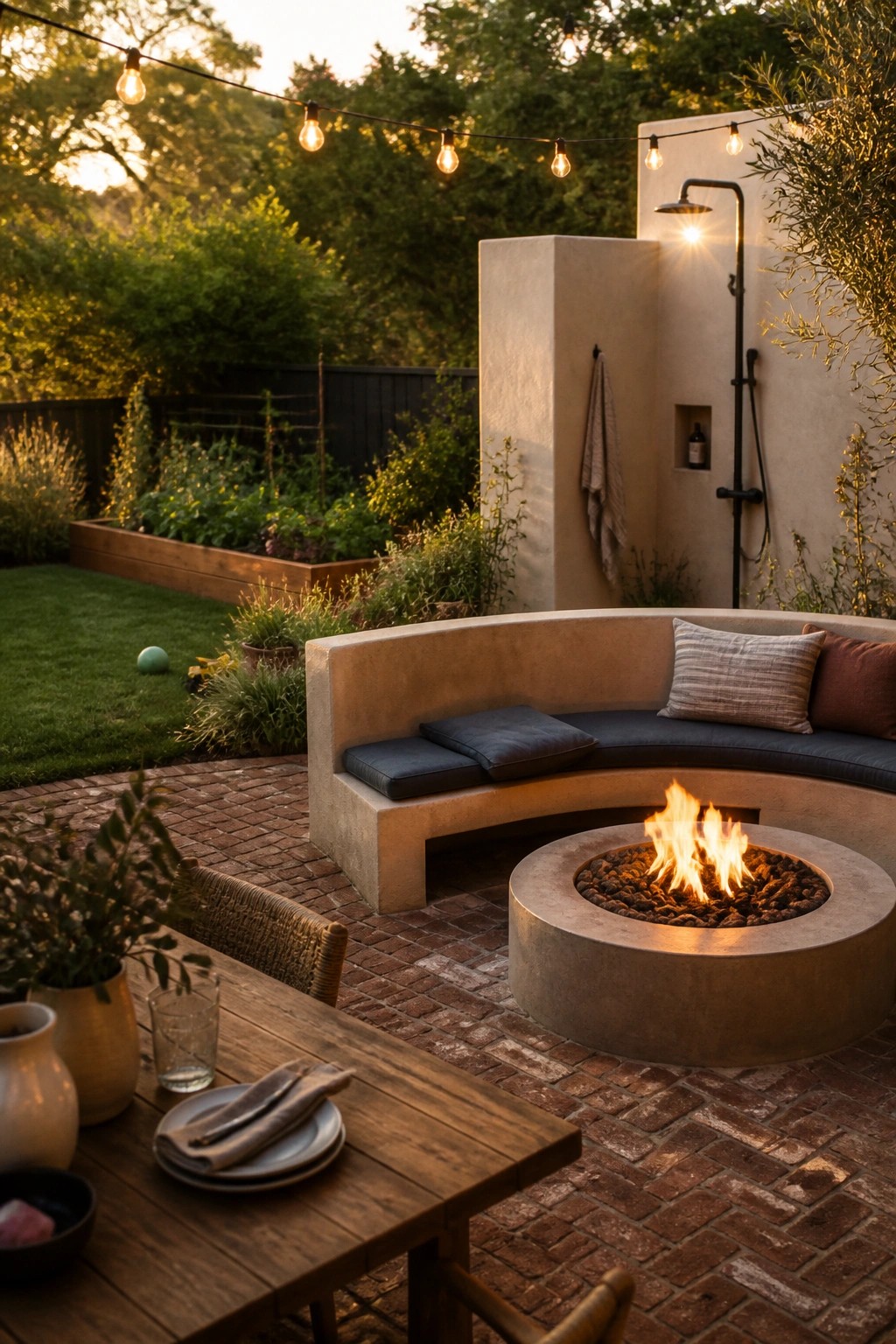 A backyard patio with a circular concrete fire pit surrounded by a curved bench with cushions, an outdoor shower mounted on a stucco wall, string lights overhead, and a wooden table in the foreground.
