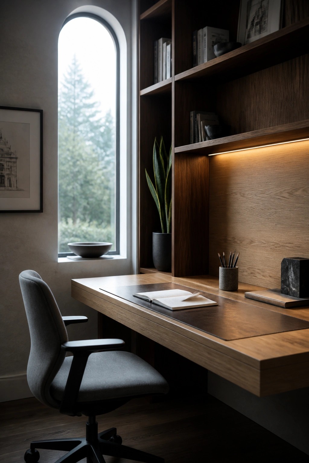 A modern home office with a wooden built-in desk and shelves, an open notebook on the desk, a gray office chair, and a tall arched window showing trees outside.