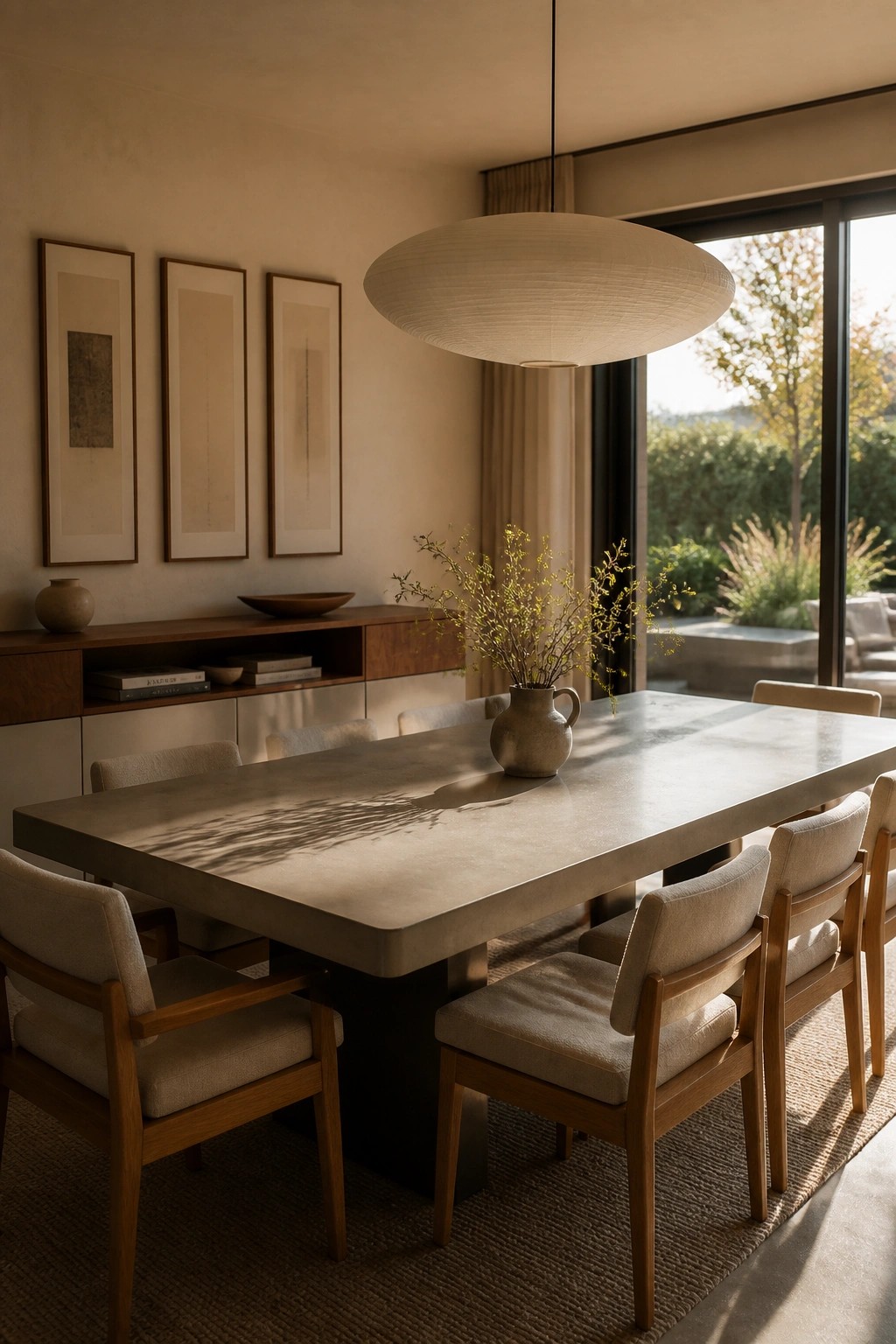 A modern dining room with a long concrete table, wooden upholstered chairs, a large pendant light, and a sideboard with framed art above it.