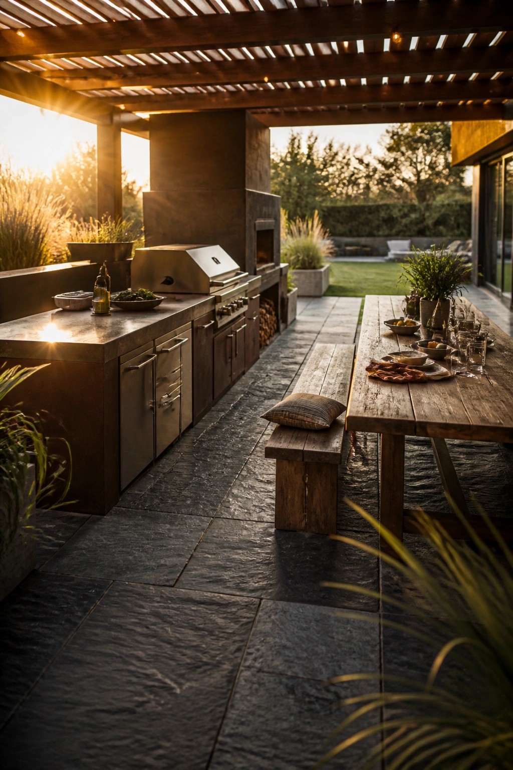 An outdoor kitchen area with concrete countertops, a stainless steel grill, and a wooden dining table on dark stone tiles under a wooden pergola.