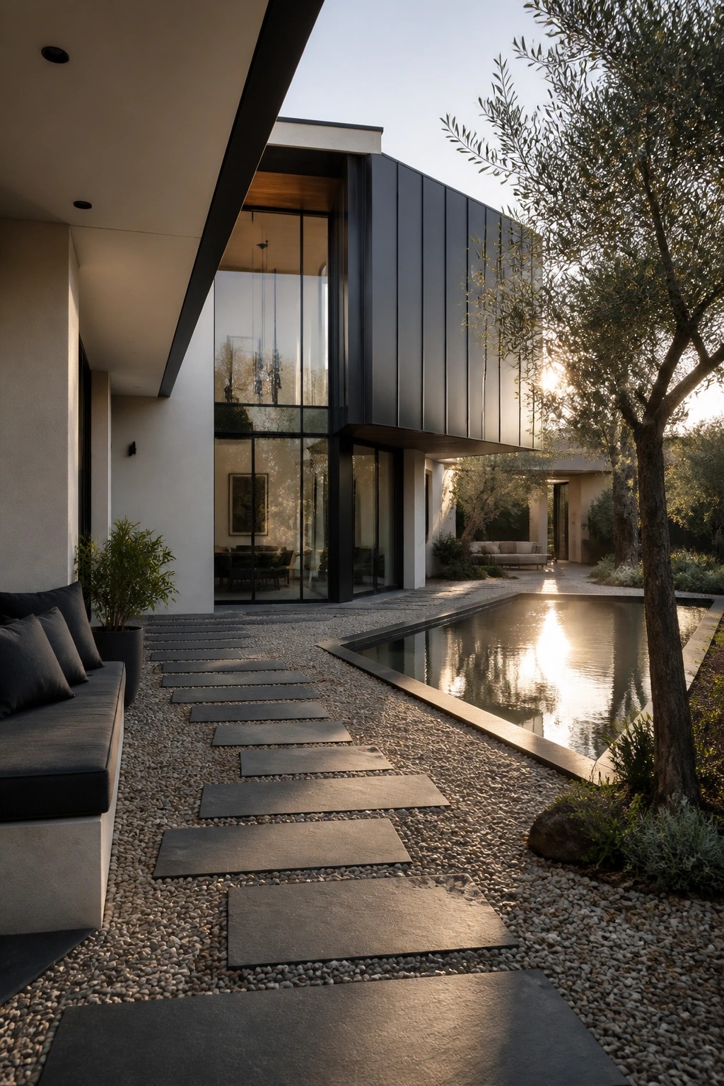 Modern two-story house with white walls and dark vertical metal siding, large glass windows, and a gravel path with stone stepping stones leading to a rectangular pool.