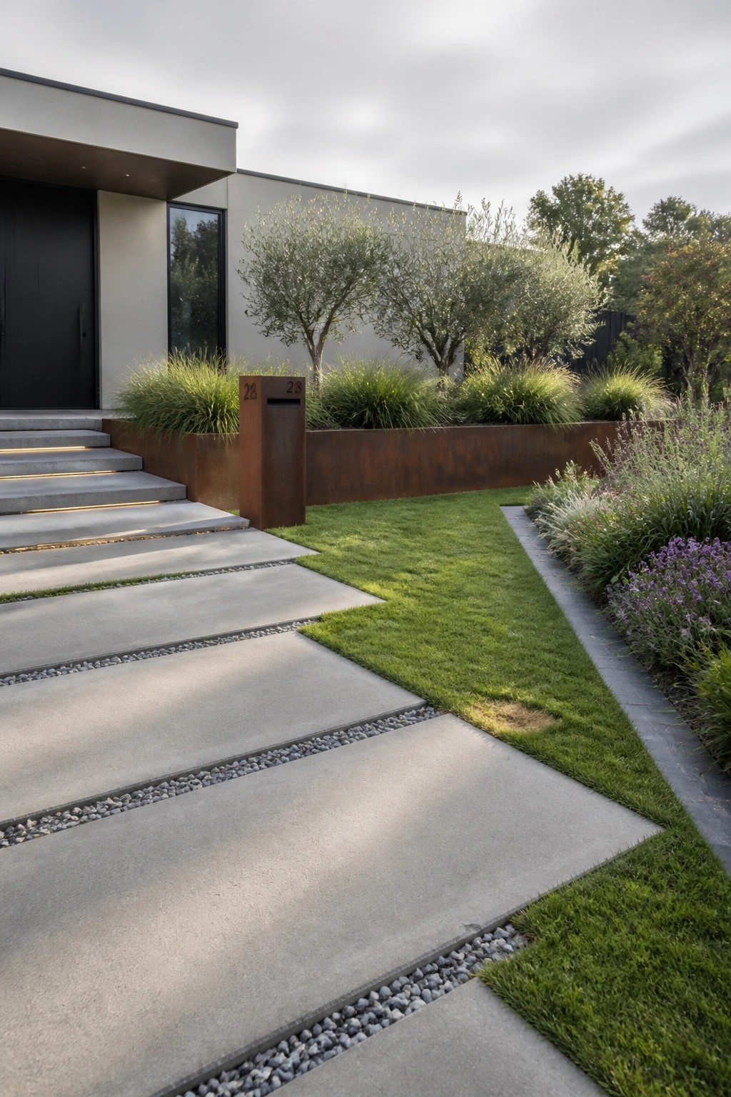 A modern house entrance with large concrete pavers separated by gravel strips, leading to steps beside a lawn and corten steel planters.