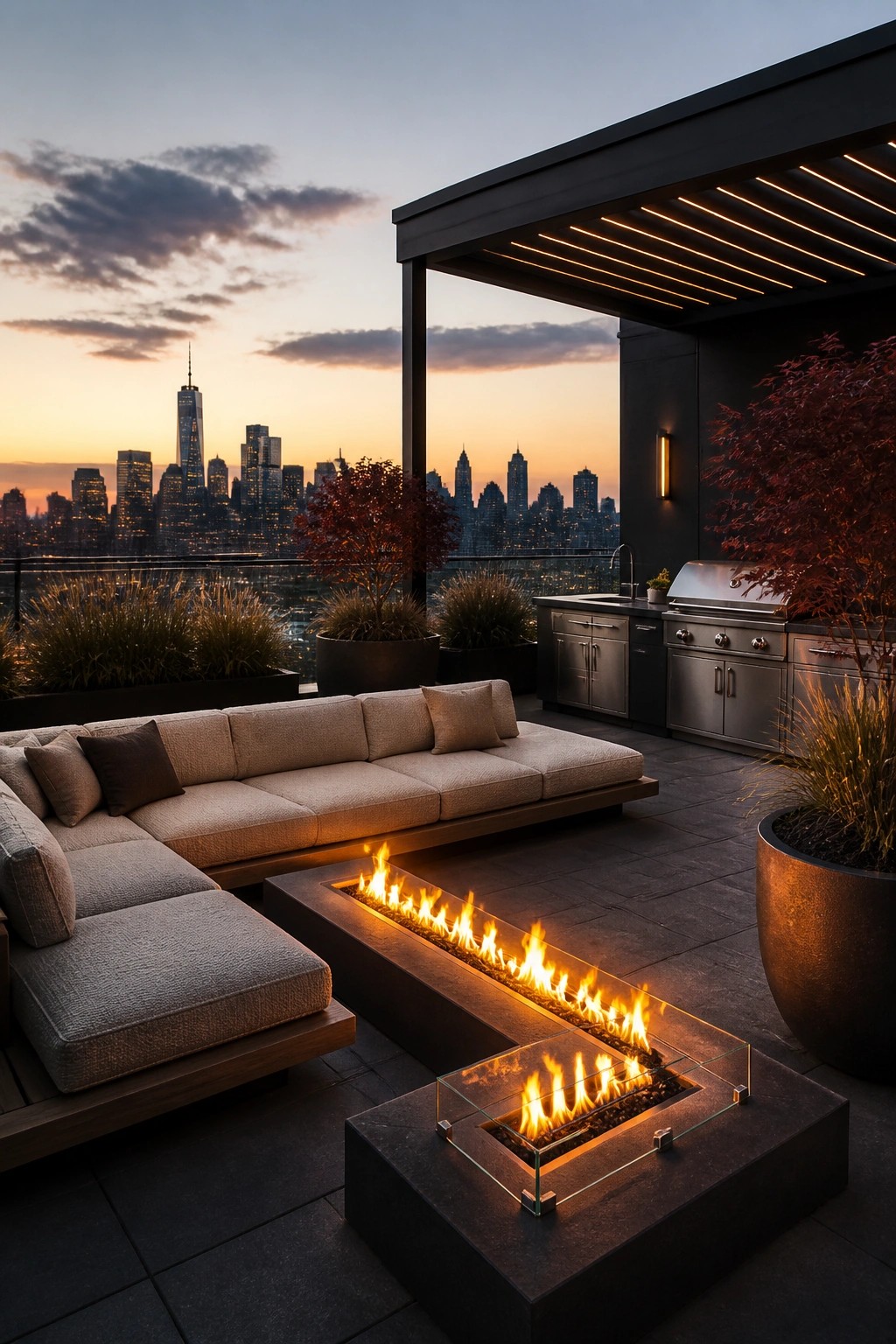 A modern rooftop terrace at dusk shows a large sectional sofa facing a long linear fire pit, with an outdoor kitchen and city skyline in the background.