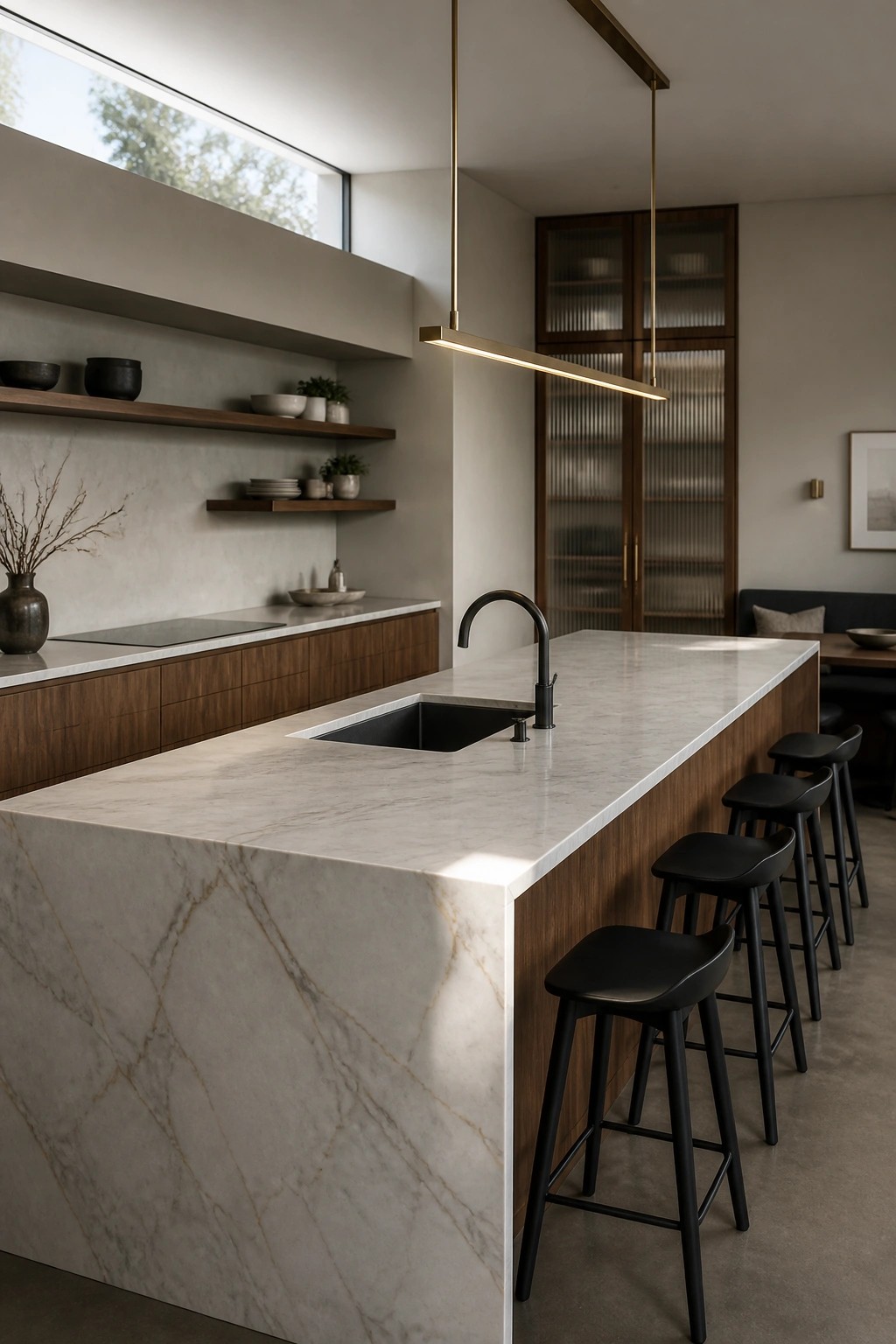A modern kitchen with a large marble island, black bar stools, wood cabinetry, and a linear pendant light above the counter.