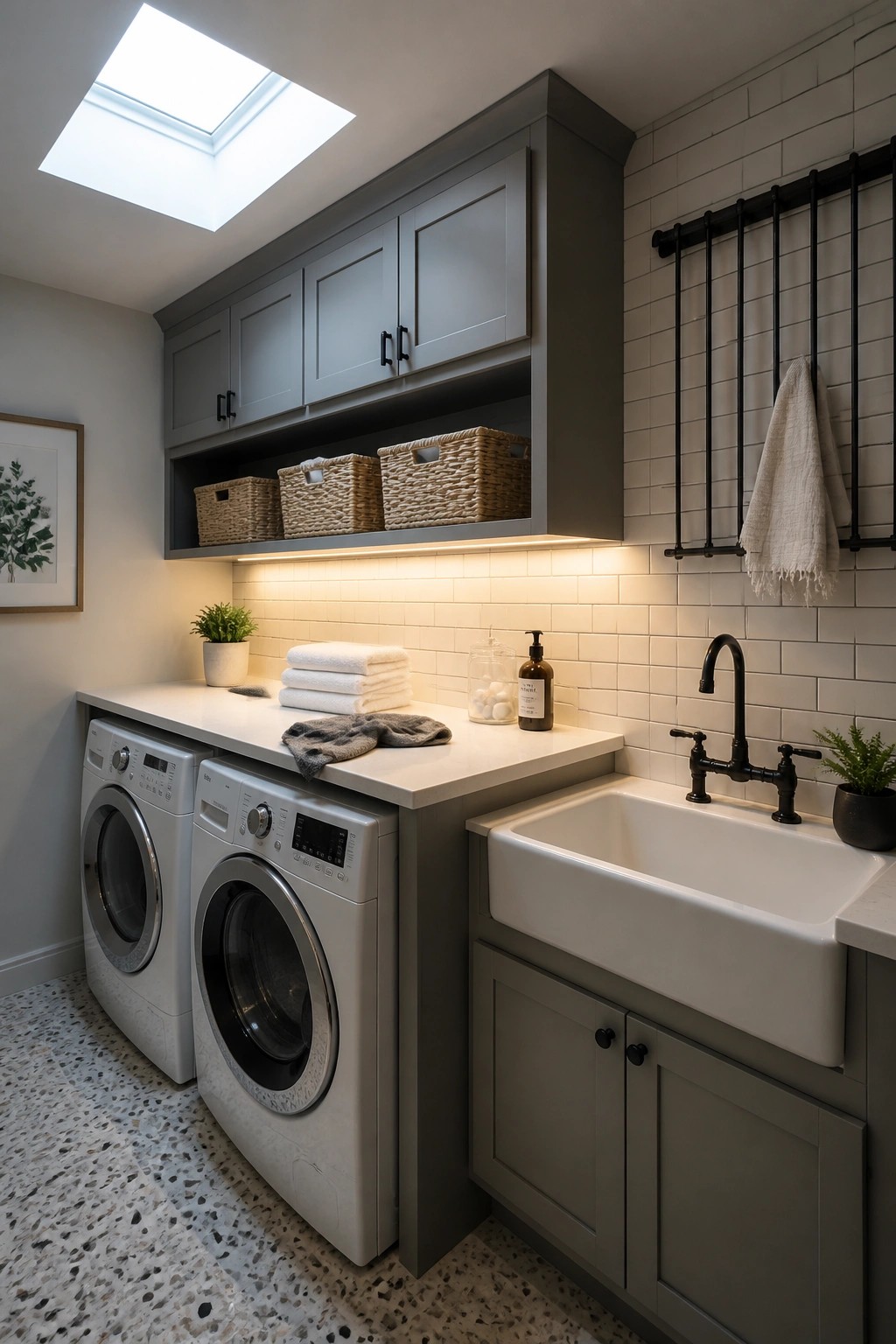 A laundry room with two front-loading washing machines under a white countertop, gray upper cabinets, open shelving holding woven baskets, a white utility sink with black faucet, and a skylight above.