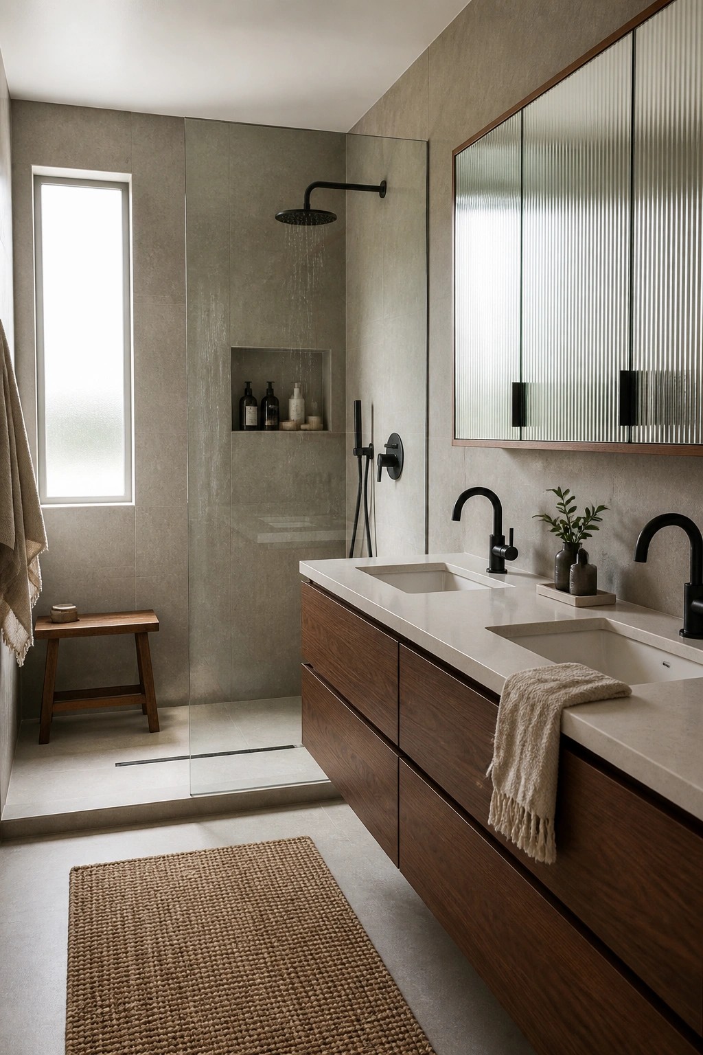 Modern bathroom with wooden vanity, black fixtures, tiled shower, and woven rug.