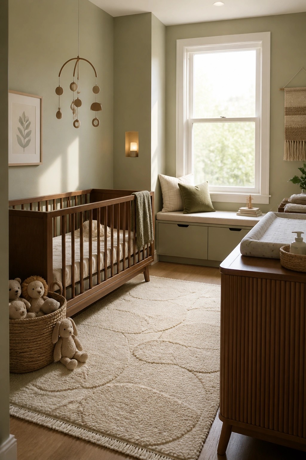 Cozy sage green nursery with wooden crib, fluffy rug, toys, and changing table by window.