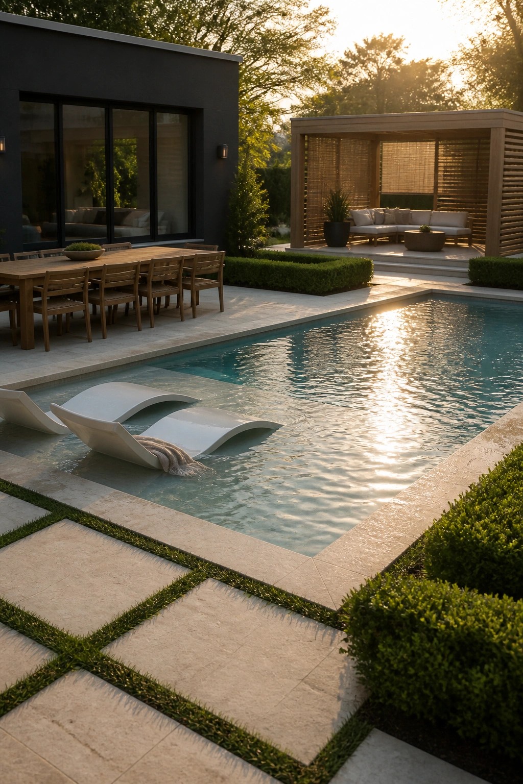 Modern backyard pool with two white sculptural loungers partially in the water, large stone pavers, a wooden dining table, and a covered seating area with sofas.