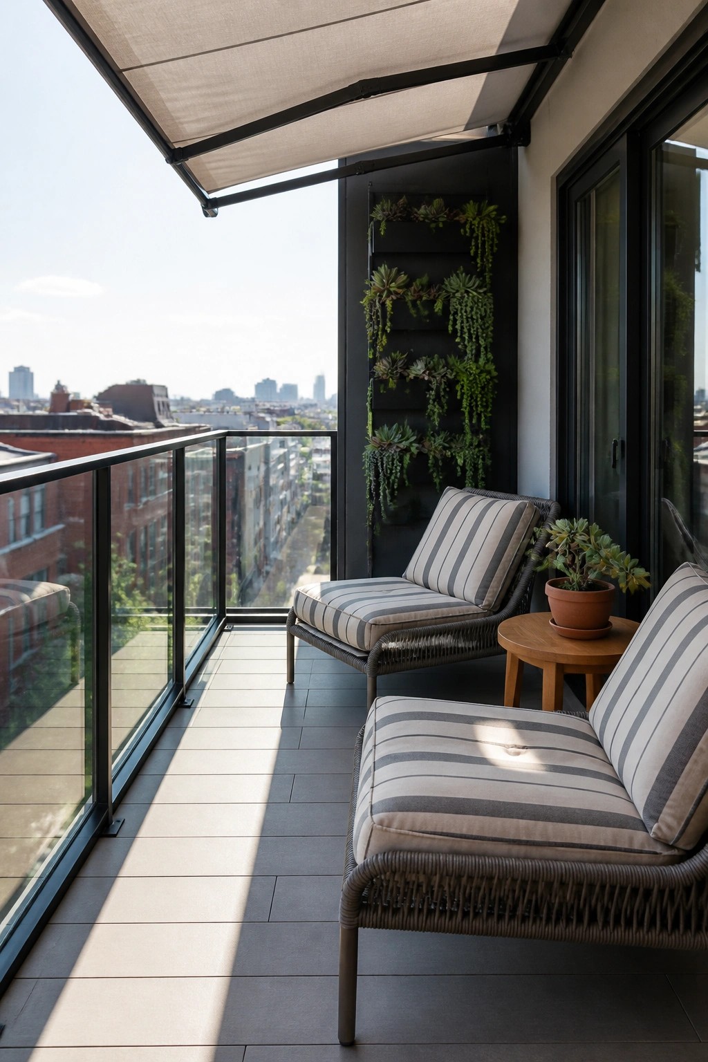 A balcony with two striped lounge chairs, a round side table, a vertical succulent wall on a dark panel, and a retractable awning overlooking city buildings.