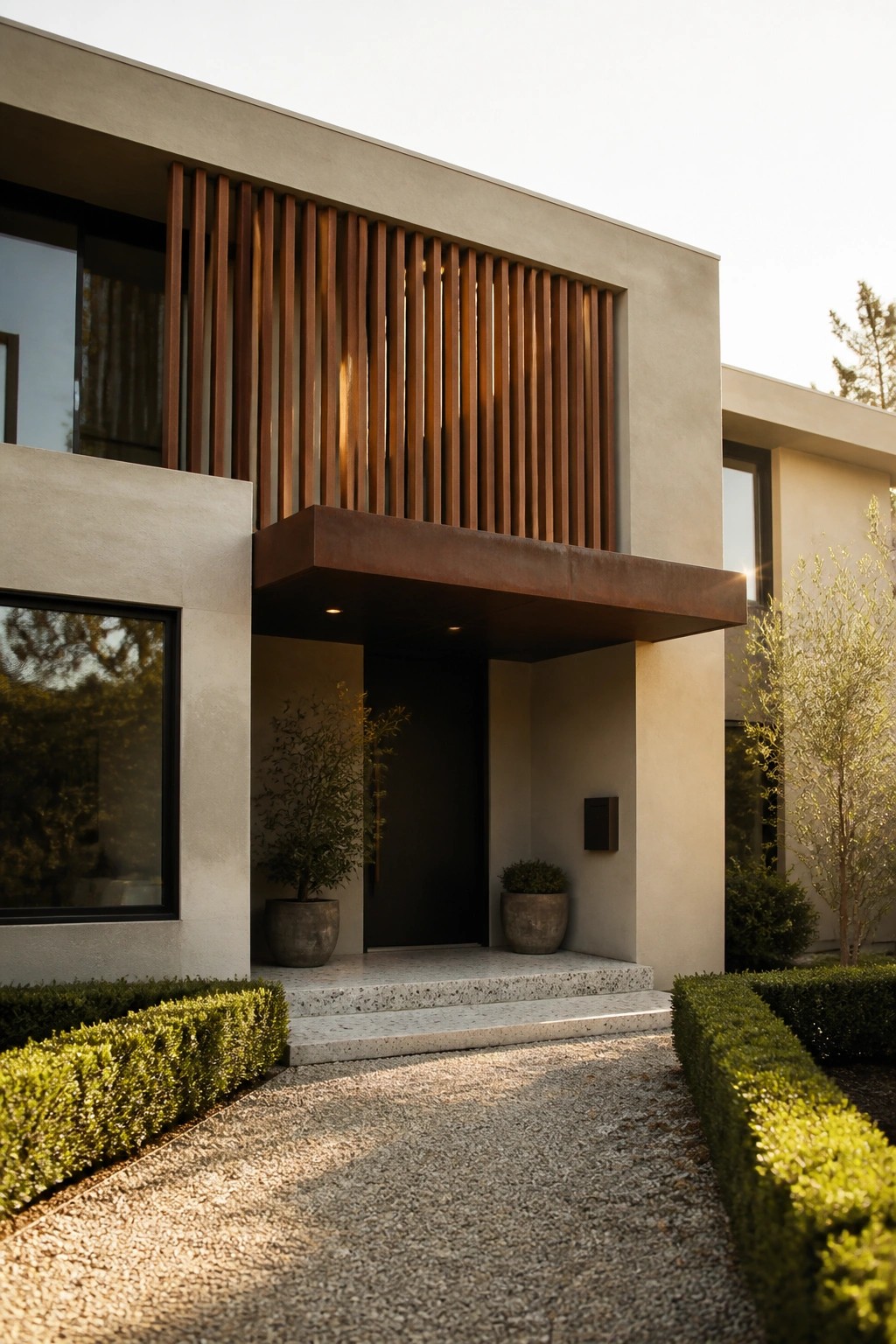 Modern house entrance featuring concrete walls, vertical wood slats, a metal canopy over a black door, gravel path, and potted plants.