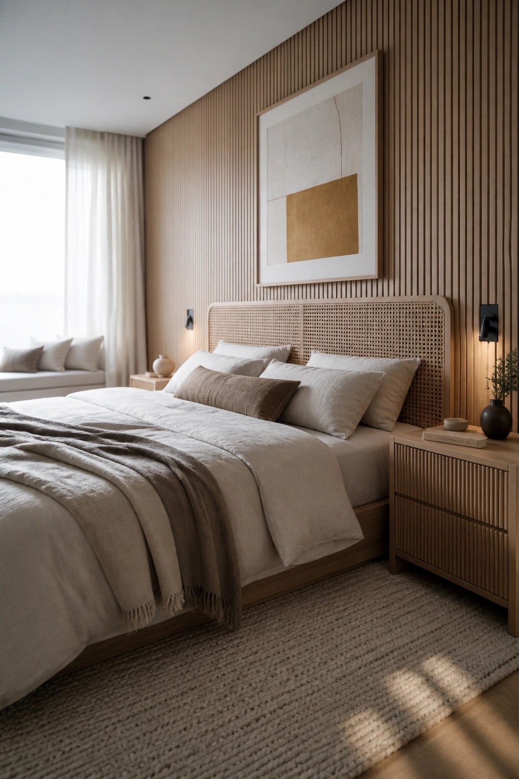 A modern bedroom with a bed dressed in neutral linens, a woven cane headboard, and a vertical wood slat accent wall behind it.