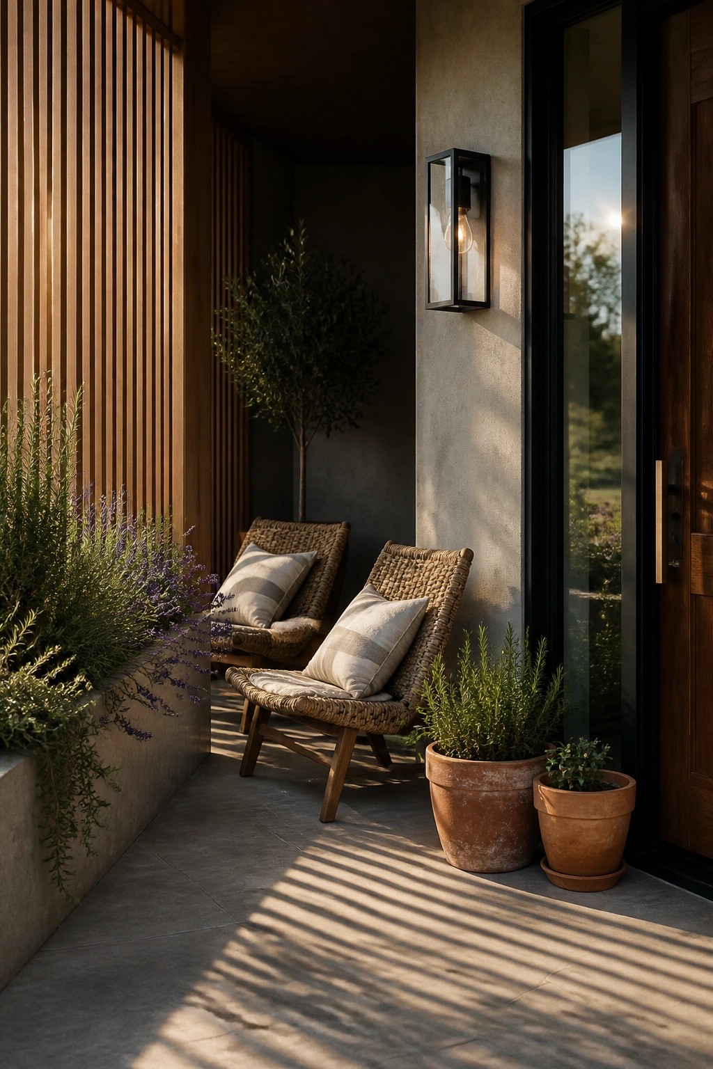 Two woven lounge chairs with striped cushions sit on a stone patio next to terracotta pots, with a black wall sconce above and vertical wood slats on the left.