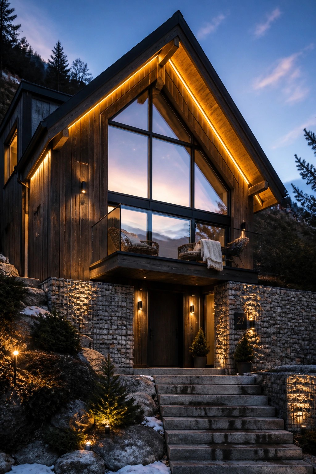 Modern wooden house exterior at dusk with warm linear lighting along the roofline and gables, large triangular windows, dark wood siding, and stone retaining walls with steps.