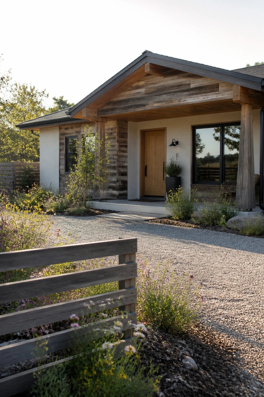 Modern house exterior with weathered wood beams and siding mixed with light walls, a wooden door, and a gravel driveway bordered by plants.