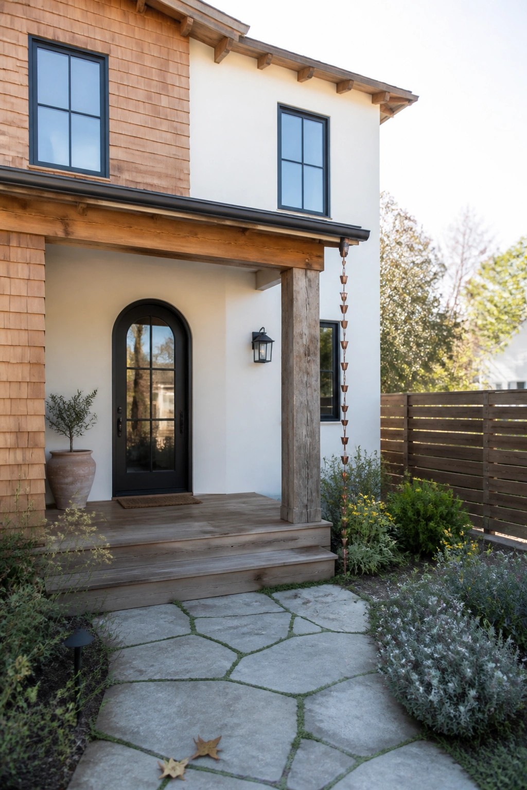 A modern house exterior featuring wood shingles on the left portion, white walls, an arched black door under a wooden porch overhang, and a stone pathway in the foreground.