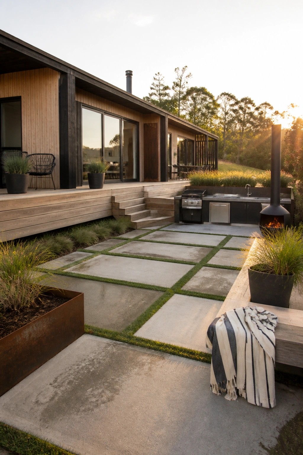 A modern wooden house exterior with a large patio of square concrete pavers divided by grass strips, an outdoor kitchen with a tall chimney, and nearby planters.