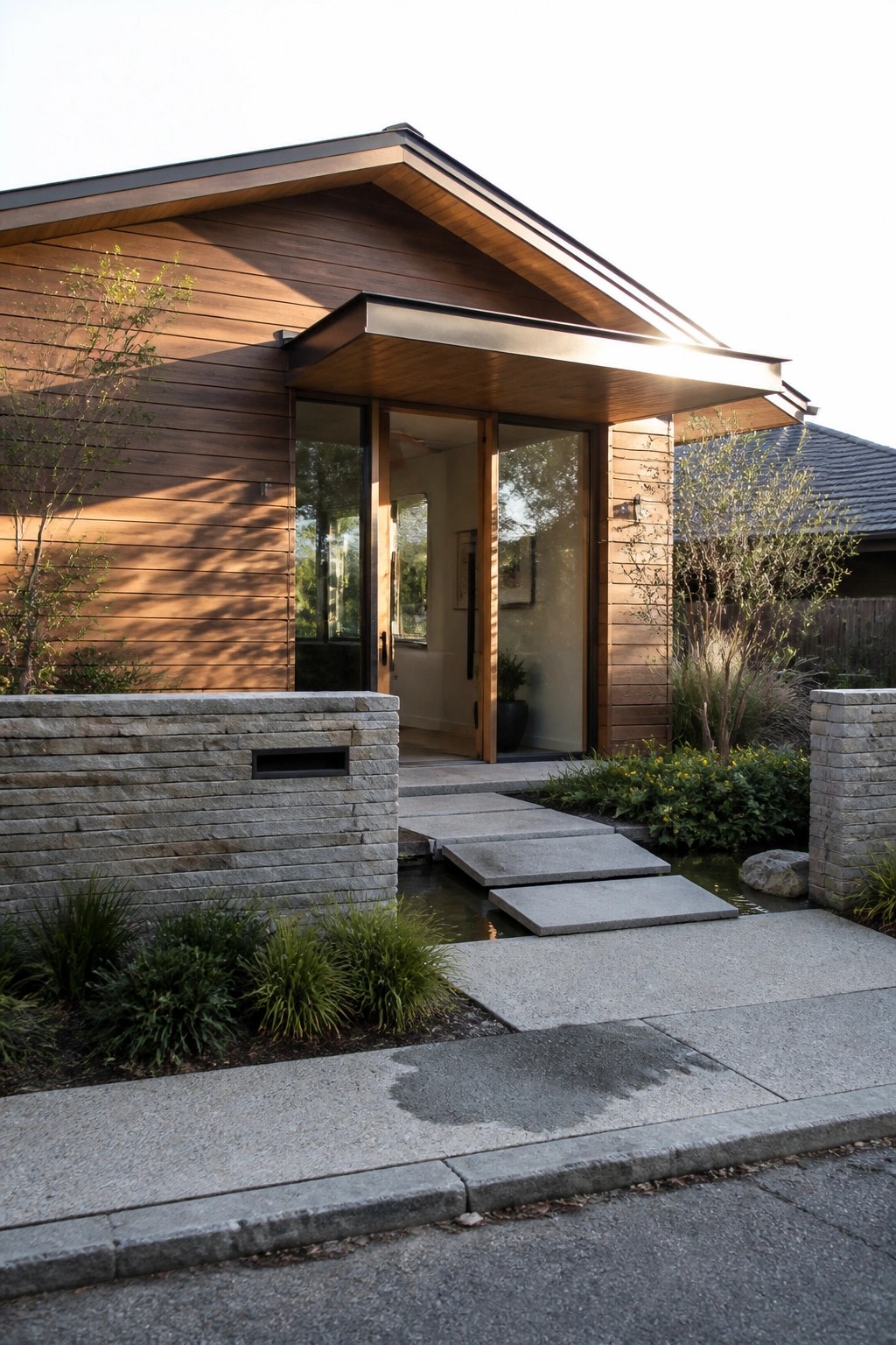 Modern house exterior with horizontal wood siding, glass entry doors under a metal canopy, and a stone wall beside the front path.