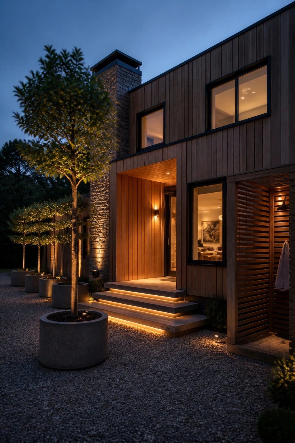 A modern two-story house with vertical wood siding, a stone chimney, black-framed windows, and illuminated concrete steps leading to the front door at dusk.