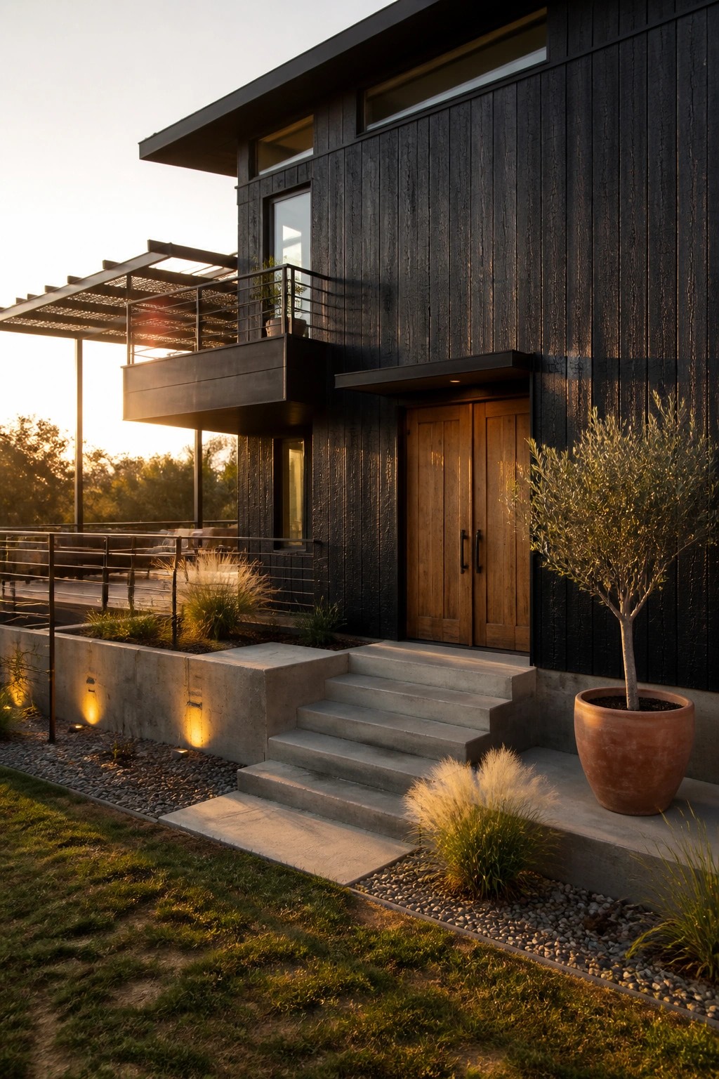 A modern house exterior with dark vertical wood siding, double wooden entry doors, concrete steps, and a large potted tree beside the entrance.