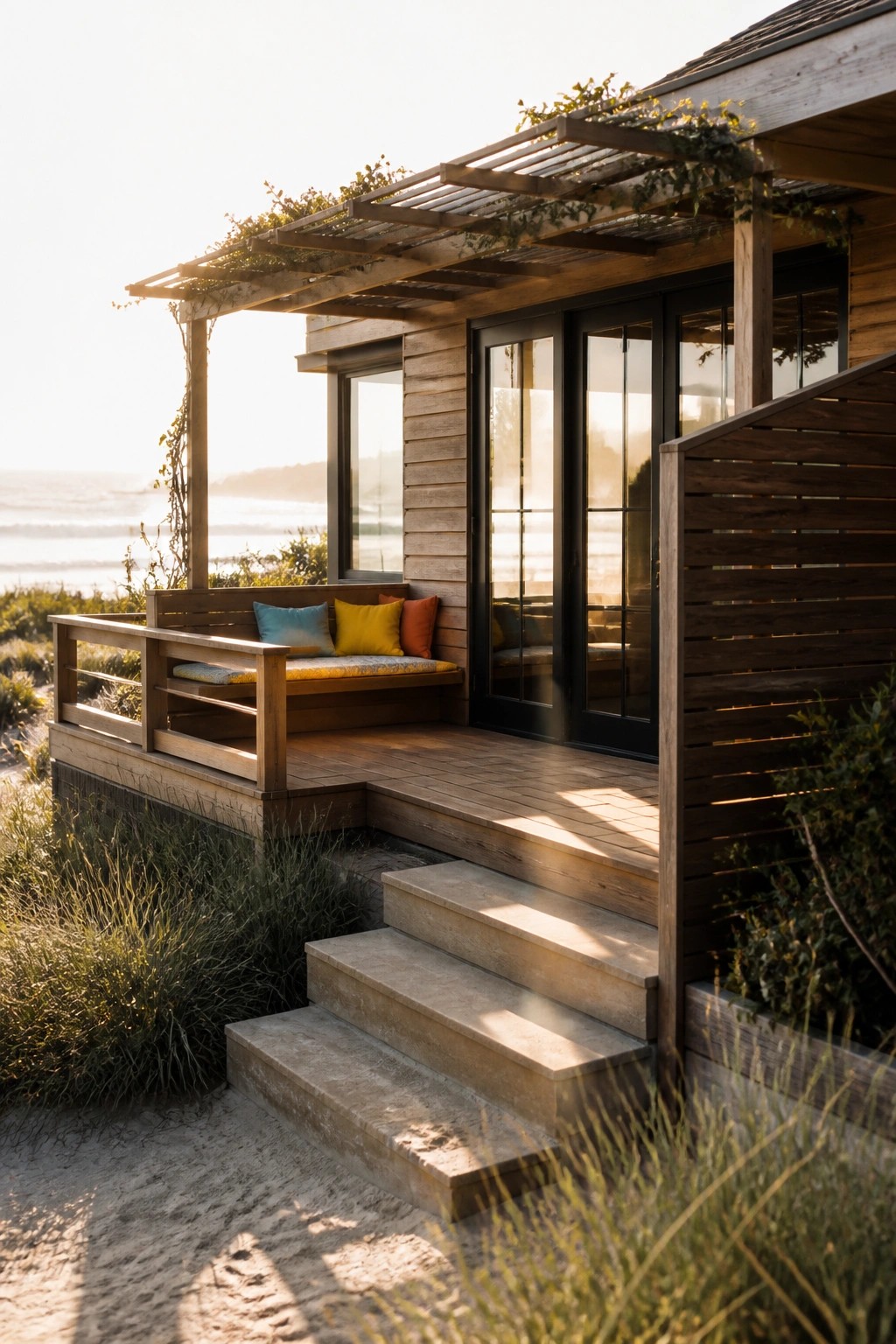 A wooden house exterior with a raised deck, built-in bench seating, black-framed glass doors, and a pergola covered in vines above concrete steps leading from the sand.