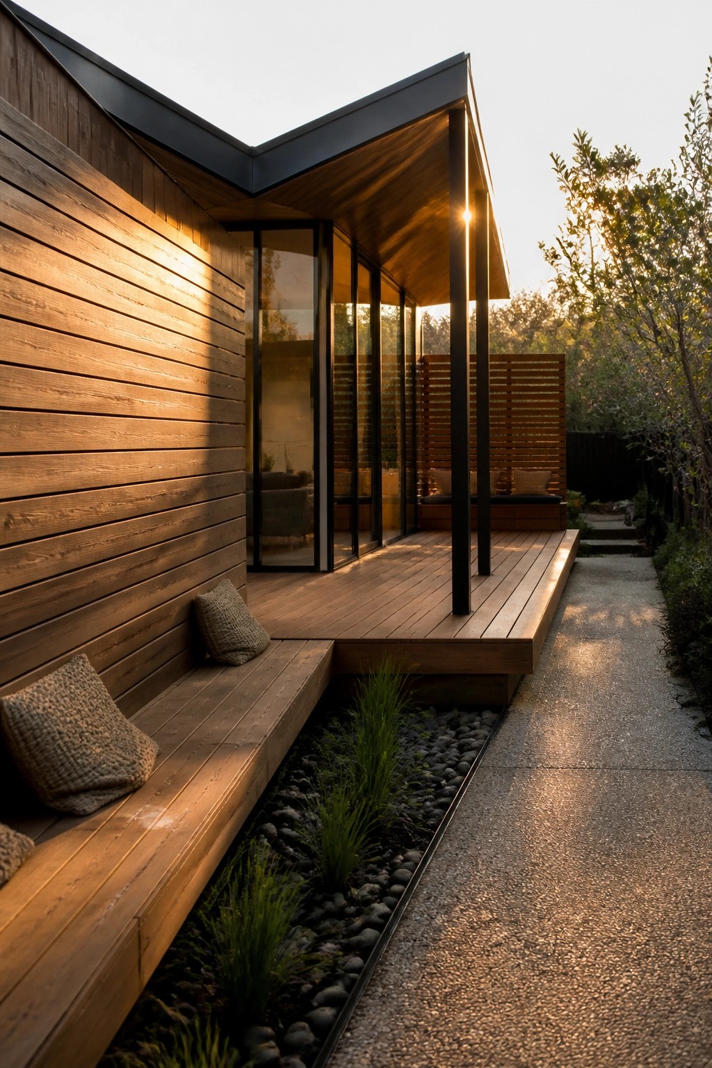 Modern wooden house with horizontal siding, large glass doors, and an attached wooden deck with built-in benches beside a gravel path.