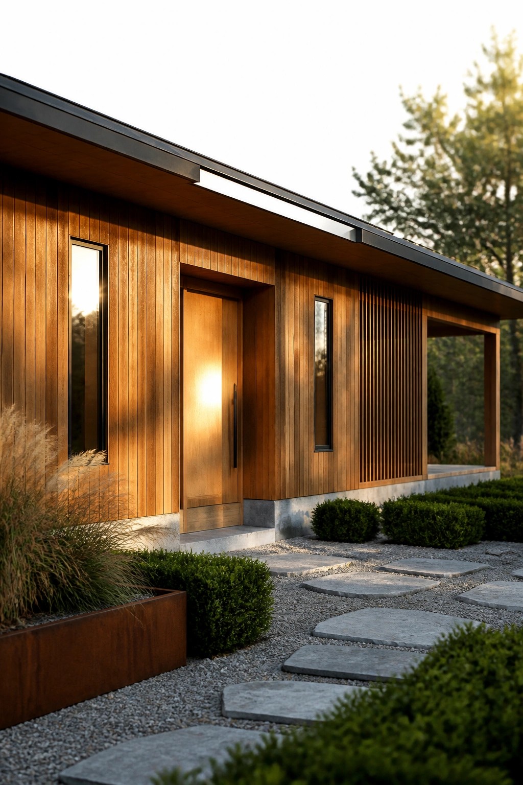 Modern wooden house with vertical siding, door, narrow windows, and stone pathway.