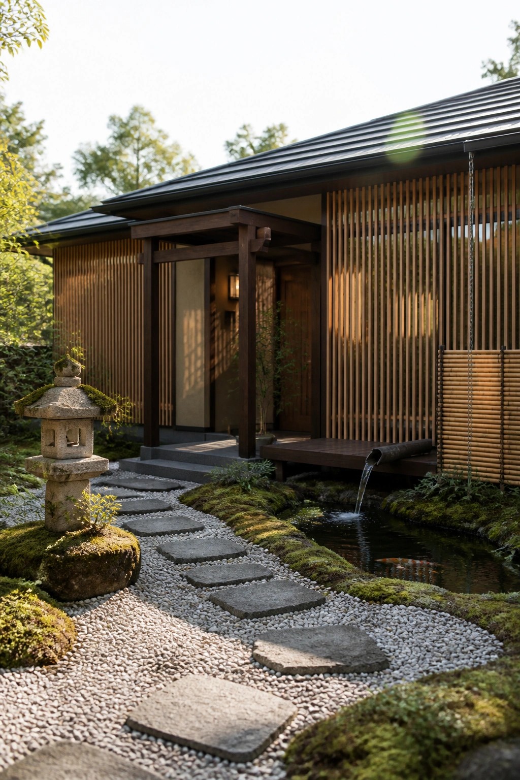 A modern wooden house exterior with vertical slat siding, a covered entry, stone lantern, gravel path with stepping stones, and a small pond with water flowing from a bamboo pipe.