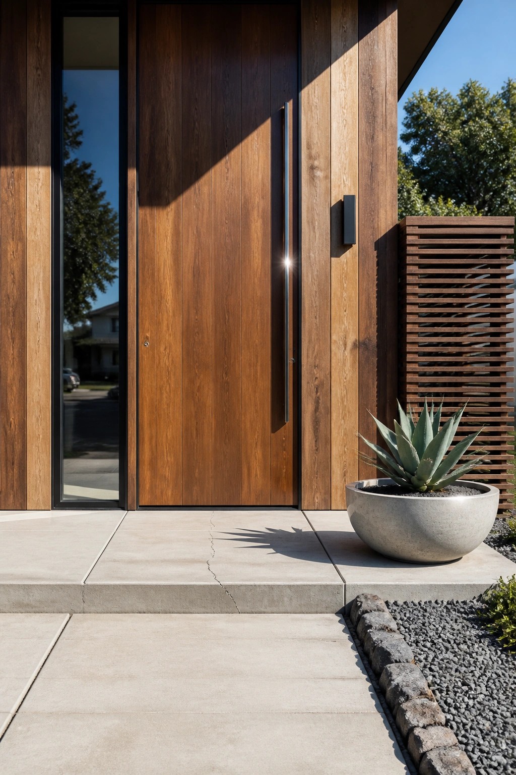 Modern wooden door with vertical handle, potted agave on sunlit concrete porch