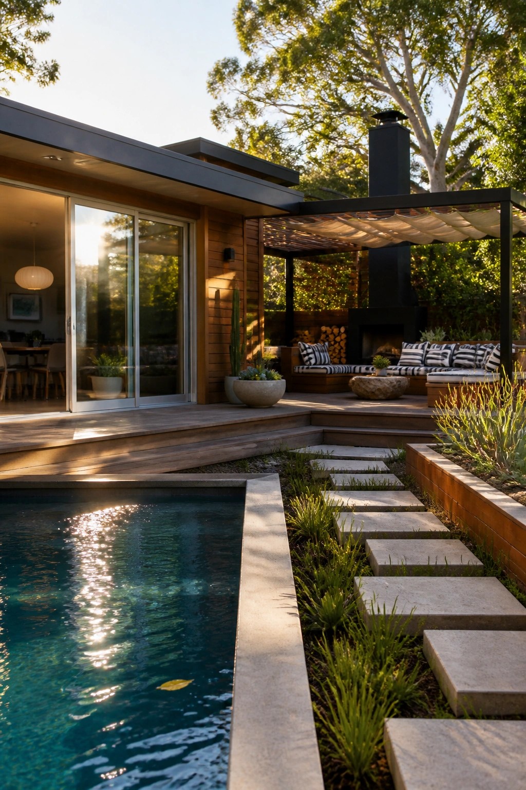 Modern home with pool, wooden deck, outdoor fireplace, and stone steps amid greenery.