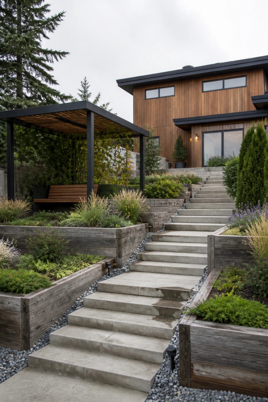 Modern wooden house with concrete stairs, wooden planters, pergola, and lush garden landscaping