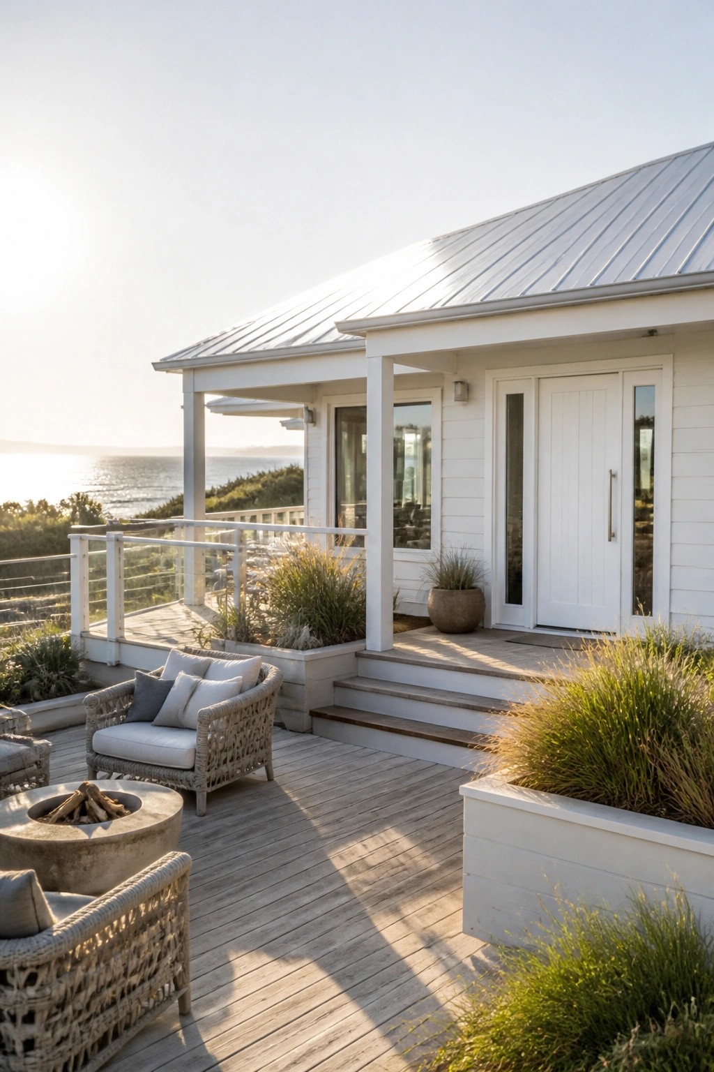 A white Scandinavian-style house with a wooden deck, concrete fire pit, woven seating, and white planters overlooking the ocean.