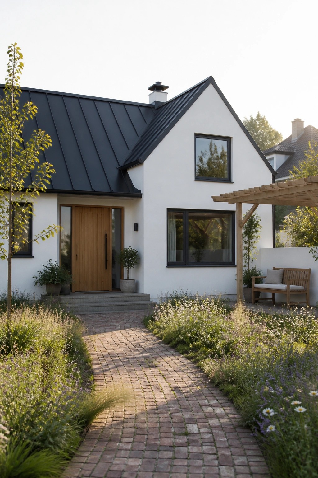 A white modern house with a black metal roof, a wooden front door, and a brick path leading through garden beds.