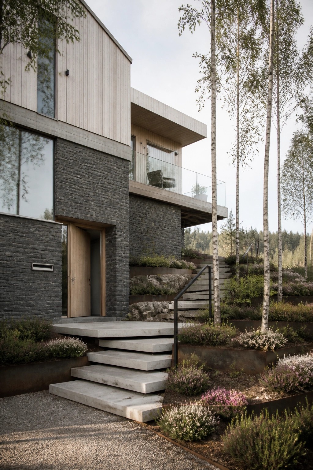 A modern house exterior with light wood siding above dark stone walls, a wooden entry door, and concrete steps leading up from a gravel path lined with plants and trees.