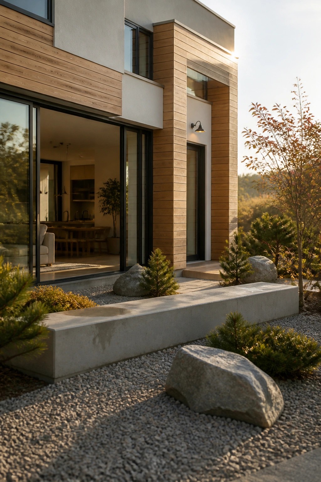 Modern house with wood siding, large windows, concrete details, and gravel rock garden.