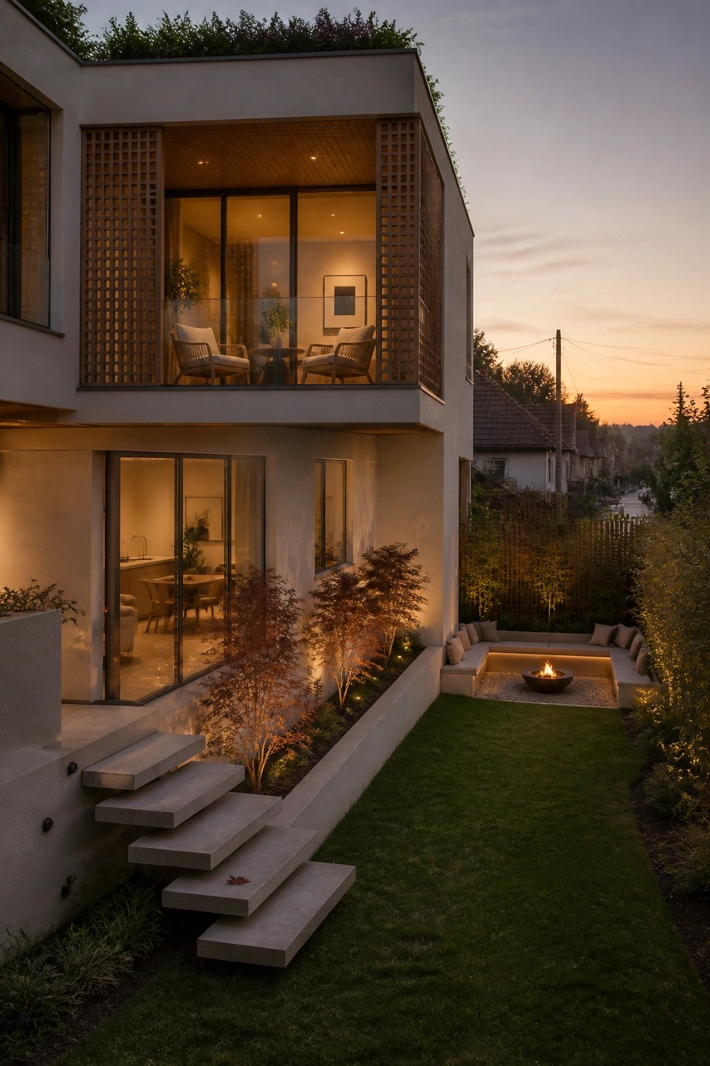 Modern house exterior at dusk showing a lawn, concrete steps, and a fire pit with built-in curved seating integrated into the garden.