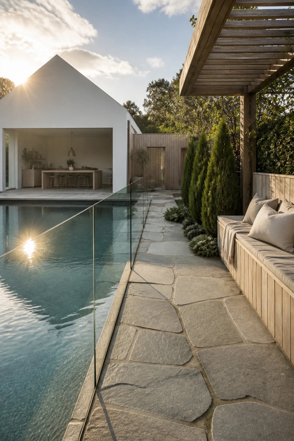 A white modern house with an open kitchen visible, a rectangular pool with glass railing, a long irregular stone path beside it, and a wooden bench with cushions under a pergola on the right.