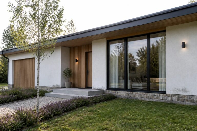 Modern white house with wood accents, large windows, gravel path, and purple shrubs.