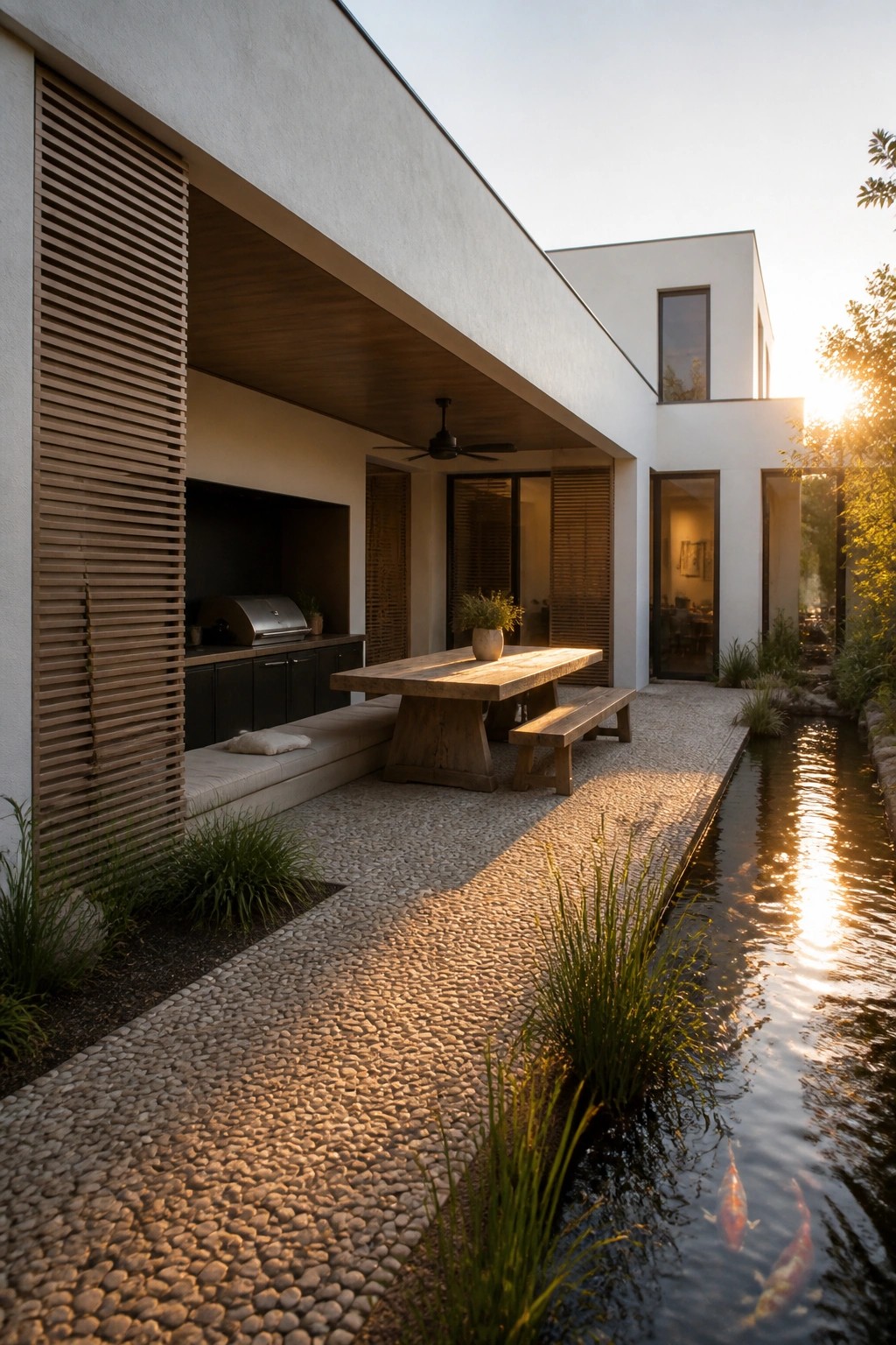 Modern house with covered patio, long wooden dining table and benches on pebble surface, built-in outdoor kitchen, and narrow water channel with koi fish at sunset.