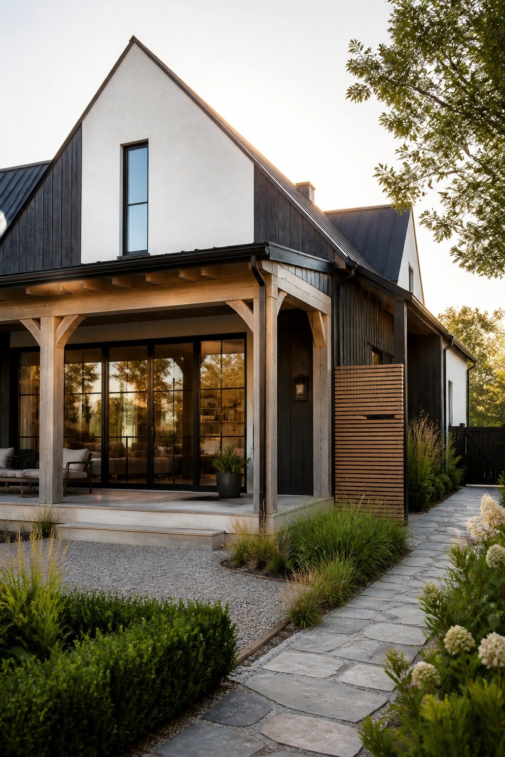Modern house exterior featuring white walls, dark wood siding, a gabled roof with black metal, a wooden porch, and a stone pathway.